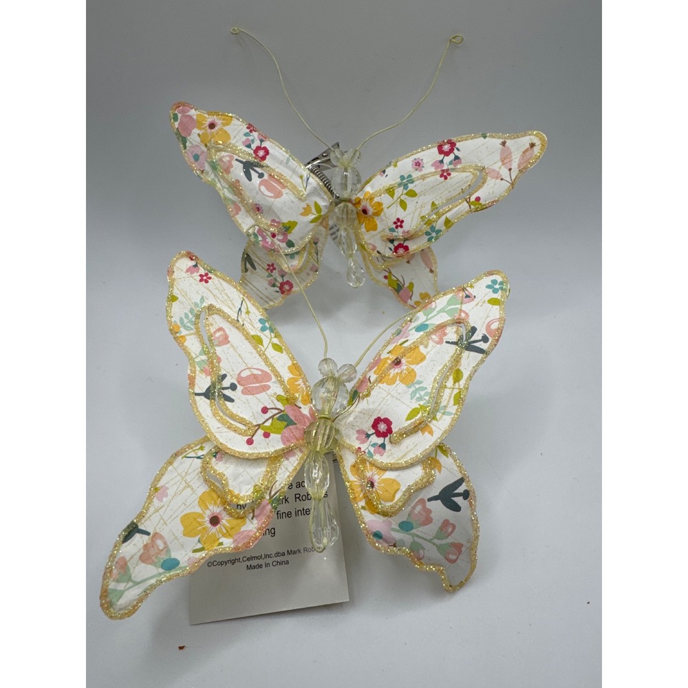 Mark Roberts Floral Butterfly Clips Set of 2 Gold Glitter Trim Cream Decor 5in